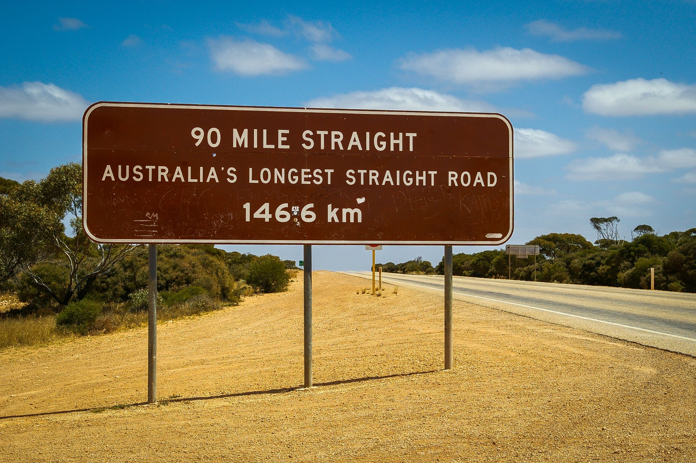 The 90 Mile Straight sign on the Eyre Highway across the Nullarbor