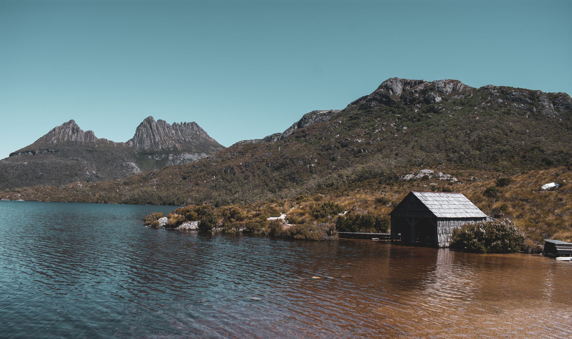Cradle Mountain above Dove Lake and its old boatshed