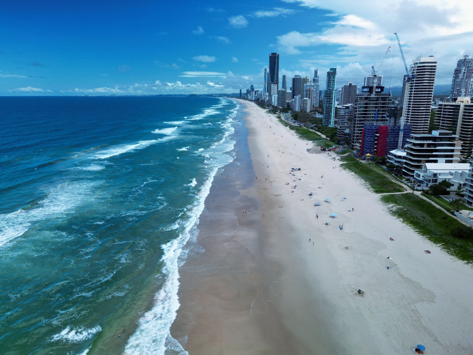 The Gold Coast's long surf beach and high-rise skyline from the air