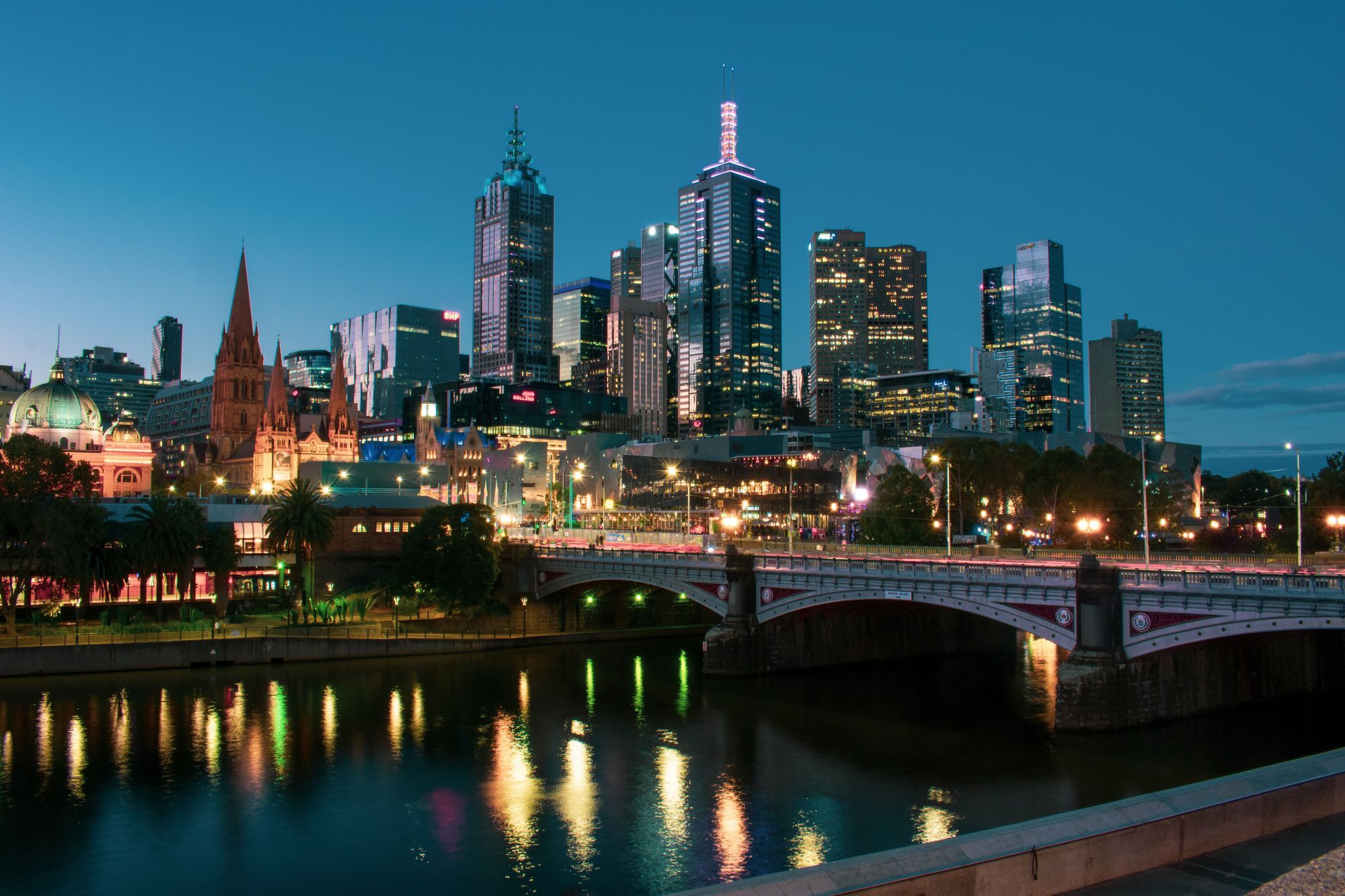 Melbourne's skyline and Princes Bridge reflected in the Yarra River at dusk