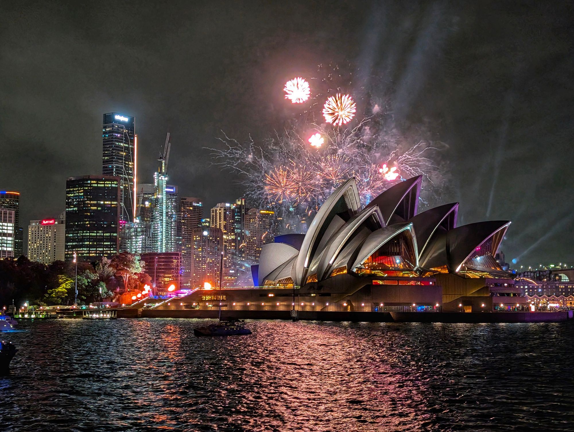 Fireworks over the Sydney Opera House at night