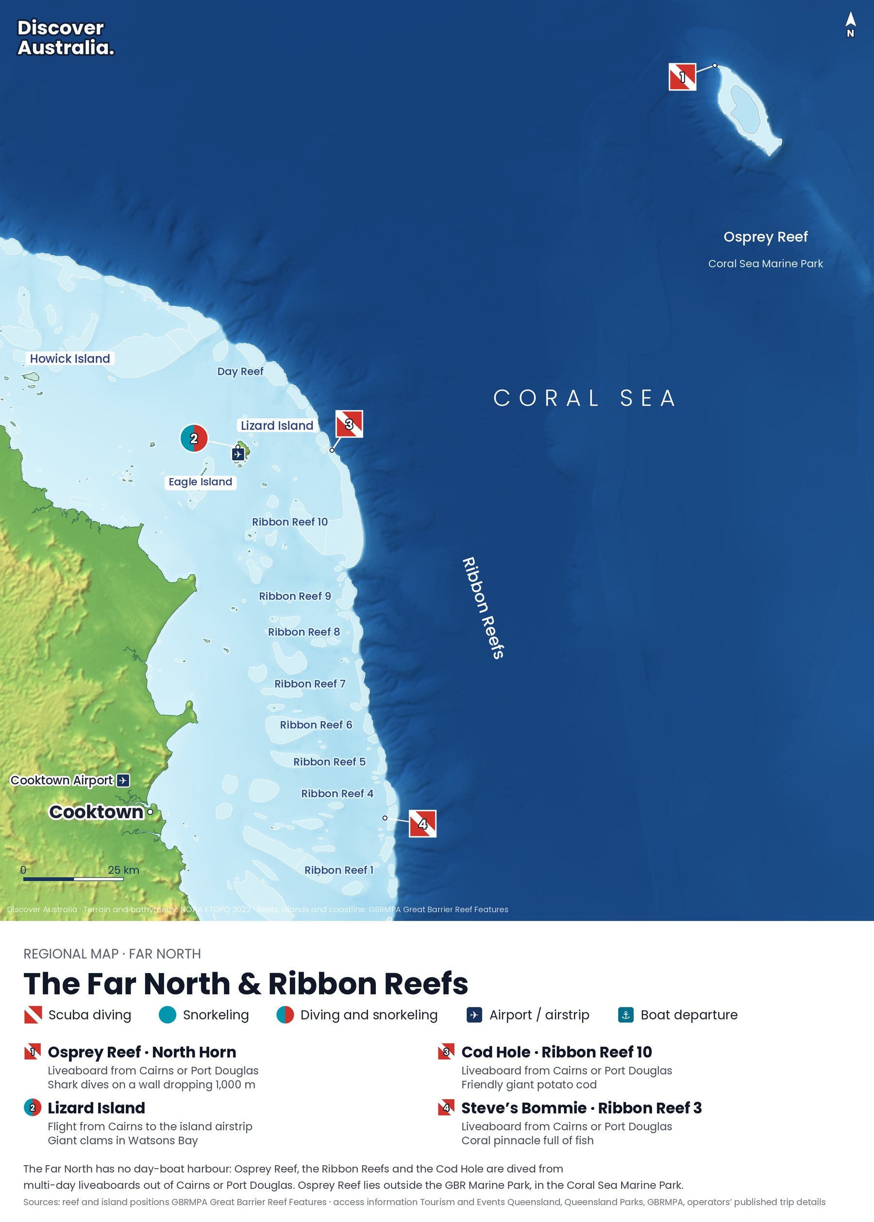 Map: the far northern Great Barrier Reef with Ribbon Reefs 1 to 10, Lizard Island, Cooktown and Osprey Reef in the Coral Sea, with four numbered dive and snorkel sites