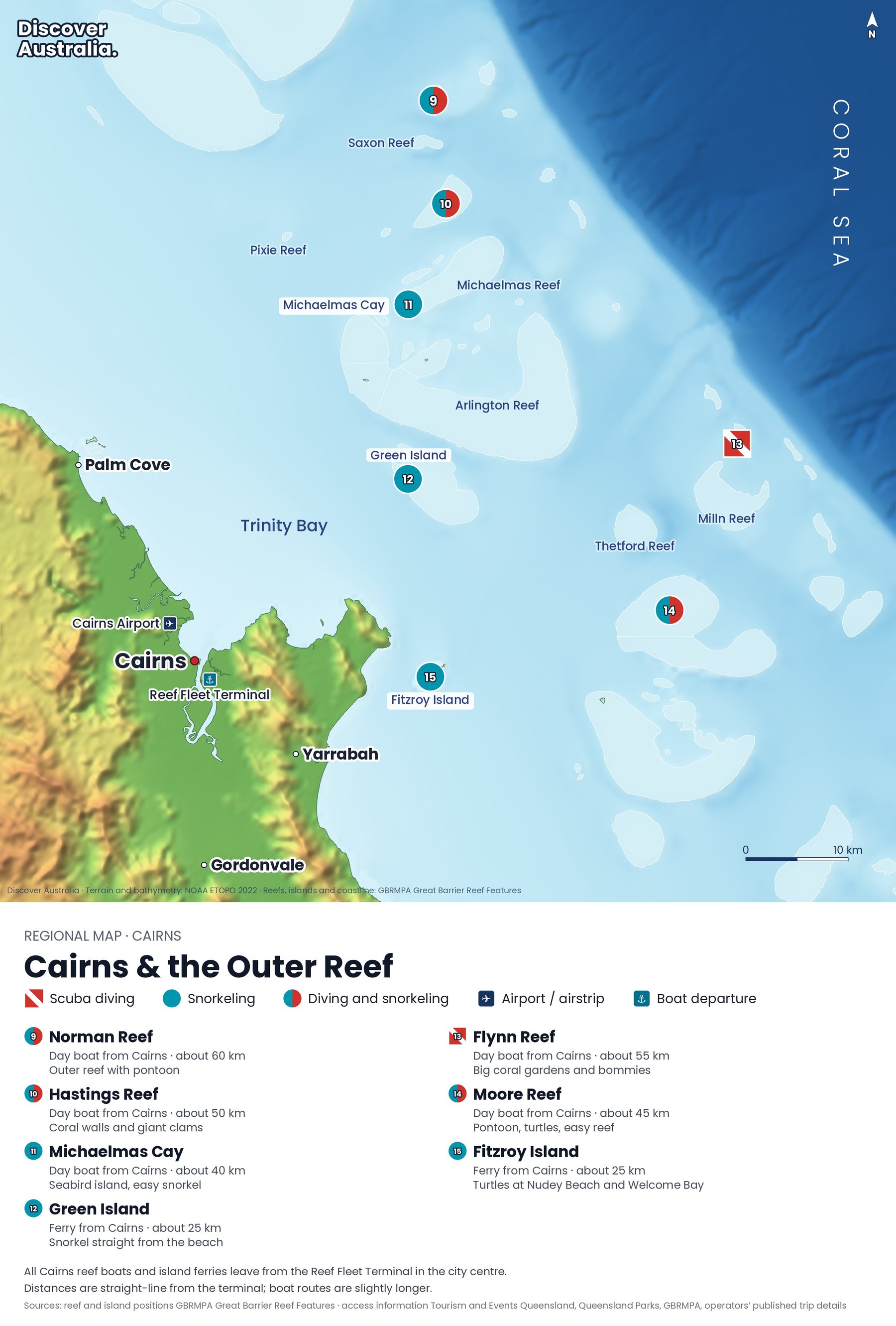 Map: Cairns and the outer reef, with Norman, Hastings, Flynn and Moore reefs, Michaelmas Cay, Green Island, Fitzroy Island and the Reef Fleet Terminal